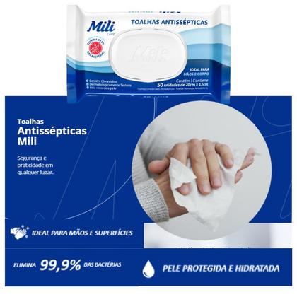 Imagem de Lenço Umedecido ou Toalhas Antissépticas Mili  5 pacotes c/ 50 (total: 250 toalhas)