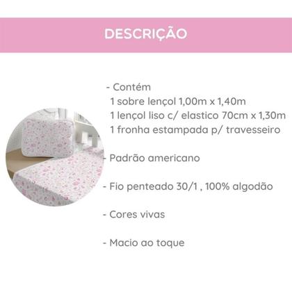 Imagem de Lençol Berço Bebe Com Elastico 3 Peças Padrão Americano Malha Estampada P/ Menina 100% Algodão