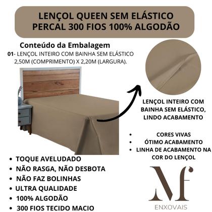 Imagem de Lençol Cama Box Queen 01 Peça Percal 300 Fios Liso SEM ELÁSTICO 100% Algodão PREMIUM Avulso