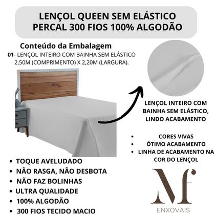 Imagem de Lençol Cama Box Queen 01 Peça Percal 300 Fios Liso SEM ELÁSTICO 100% Algodão PREMIUM Avulso