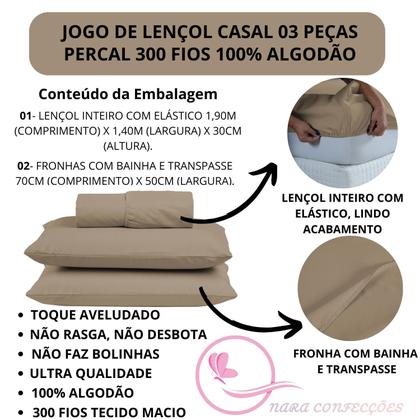 Imagem de Lençol Cama de Casal 03 peças com Elástico Percal 300 Fios 100% Algodão