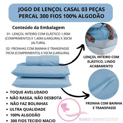Imagem de Lençol Cama de Casal 03 peças com Elástico Percal 300 Fios 100% Algodão