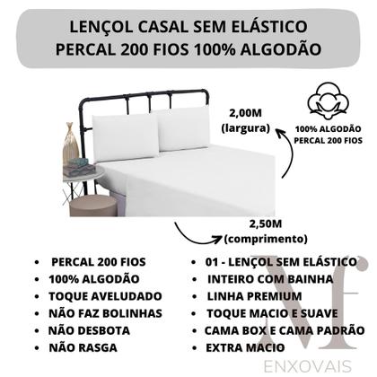 Imagem de Lençol Casal 100% Algodão Sem Elástico Prime Percal 200 Fios Cama Box e Beliche 01 Peça