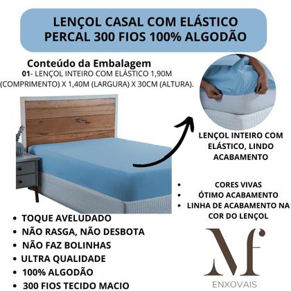 Imagem de Lençol Casal 300 Fios 100% Algodão Lençol com Elástico Avulso Cama Box 30cm Altura
