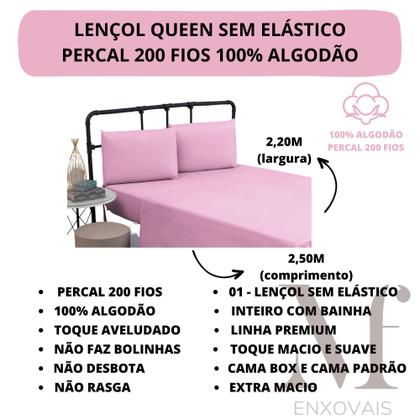 Imagem de Lençol de Cama Queen Sem Elástico PREMIUM Percal 200 Fios 100% Algodão Cama Box Avulso