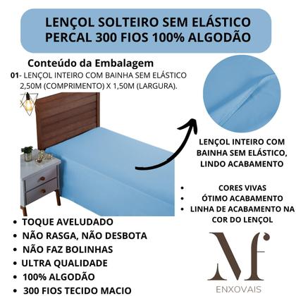 Imagem de Lençol de Cama Solteiro Sem Elástico PREMIUM Percal 300 Fios 100% Algodão Cama Box Avulso