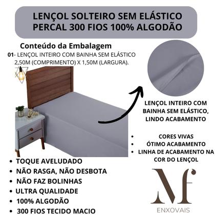 Imagem de Lençol de Cama Solteiro Sem Elástico PREMIUM Percal 300 Fios 100% Algodão Cama Box Avulso