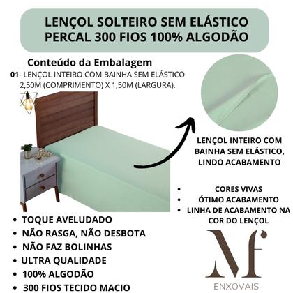 Imagem de Lençol de Cama Solteiro Sem Elástico PREMIUM Percal 300 Fios 100% Algodão Cama Box Avulso