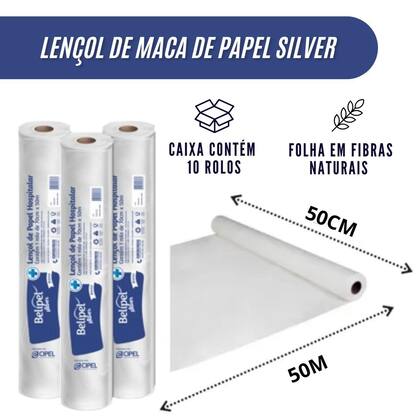 Imagem de Lençol de maca de Papel Descartável Hospitalar BELIPEL SILVER - 0,50 M X 50 M - CAIXA COM 10 ROLOS