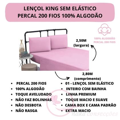 Imagem de Lençol King Size Liso Avulso Sem Elástico Percal 200 Fios 100% Algodão 01 Peça Toque Macio Qualidade