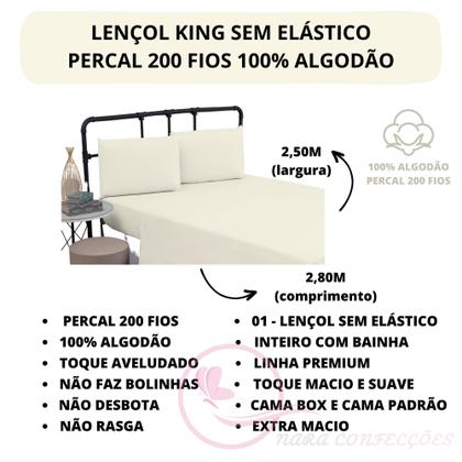 Imagem de Lençol King Size Liso Avulso Sem Elástico Percal 200 Fios 100% Algodão 01 Peça Toque Macio Qualidade