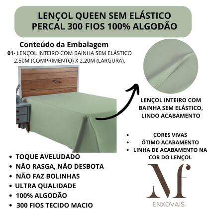 Imagem de Lençol Queen 100% Algodão Sem Elástico Prime Percal 300 Fios Cama Box e Beliche 01 Peça