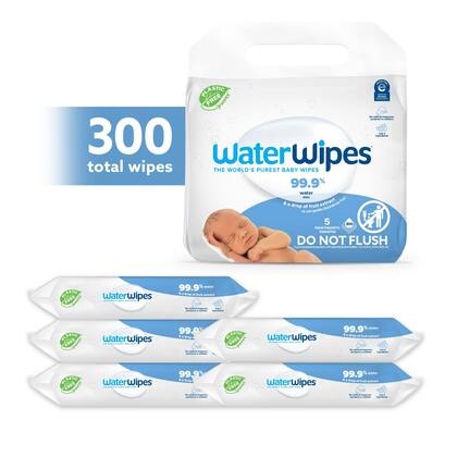 Imagem de Lenços umedecidos para bebês WaterWipes, sem plástico, 99,9% de água, 300 quilates