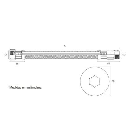 Ligação Flexível para Água Aço Inox 1/2 40cm Blukit Cromado Imagem de Ligação Flexível para Água Aço Inox 1/2 40cm Blukit Cromado