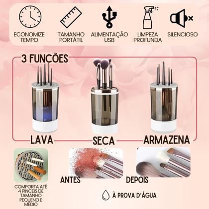 Imagem de Limpador Pincel Maquiagem Automatico Maquina de Lavar Esponja Pinceis Profissional 3 em 1 Limpeza UV
