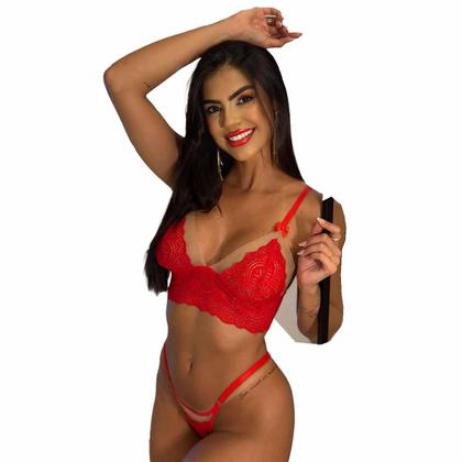Imagem de Lingerie Sem Bojo Tule Transparente Renda Calcinha Fio Sexy