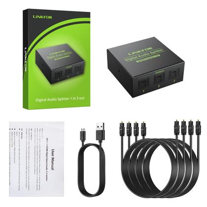 Imagem de Link divisor de áudio digital para Toslink de 3 portas com 4 cabos