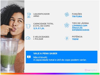 Imagem de Liquidificador Arno Power Max LN50 5 Velocidades 6 Lâminas 3,1L Preto 700w