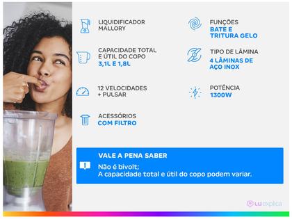 Imagem de Liquidificador Mallory Taurus Preto com Filtro 12 Velocidades 1300W