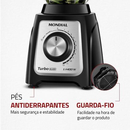 Imagem de Liquidificador Mondial L-1400GI  Turbo Glass, 1400W, Jarra de Vidro, Preto/Inox