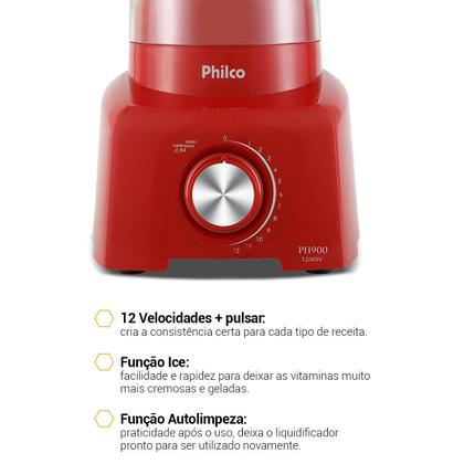 Imagem de Liquidificador Philco 1200W 3L 12 Velocidades Vermelho PH900