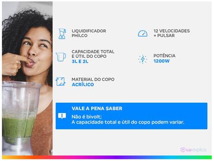 Imagem de Liquidificador turbo 12 velocidades glass 1200w preto 220v philco