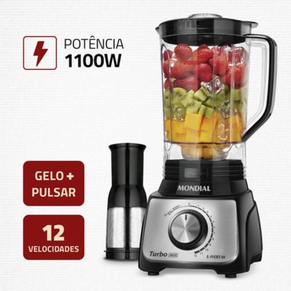 Imagem de Liquidificador Turbo Mondial 12 Velocidades Black 1100W Potente com Jarra de 3 Litros e Acabamento em Inox L-1100
