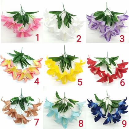 Imagem de Lírio Artificial Galho Com 5 Flor Buque com Diversas Cores Azul Turquesa Royal Vermelho Rosa Laranja Lilás Marrom Abóbora para Festas Decoração