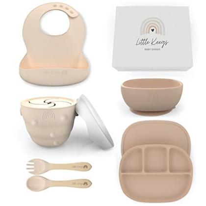 Imagem de Little Keegs Baby Feeding Set - Baby Must Haves Gift Set - Suprimentos de desmame conduzidos pelo bebê - Conjunto de alimentação de silicone para crianças - Tigela de bebê de sucção, babador, copo de lanche, utensílios, conjunto de pratos de bebê