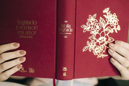 Imagem de Livro - Bíblia NVI Bible Journaling, Letra tradicional, Fonte Leitura Perfeita, com espaço para anotações, Capa dura com tecido Vinho, Falei com Amor