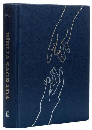 Imagem de Livro - Bíblia NVI com Espaço para Anotações, Tecido azul sobre capa dura, Mãos que oram, Leitura Perfeita
