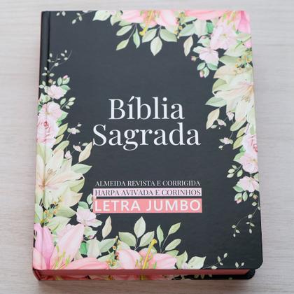 Imagem de Livro - Bíblia Sagrada - ARC - Harpa Avivada e Corinhos - Jumbo - Capa Dura Preta com Flores