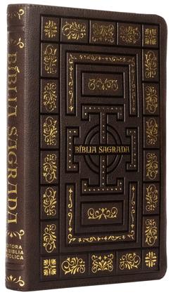 Imagem de Livro - Bíblia Sagrada Católica, Letra Grande, Capa luxo marrom, Molduras, Leitura Perfeita
