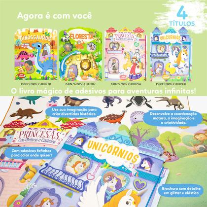 Imagem de Livro Infantil Mágico de Adesivos Para Aventuras Infinitas Dinossauros Floresta Princesas Unicórnios - Todo Livro