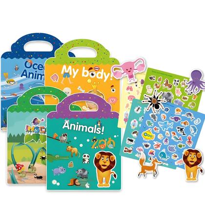 Imagem de Livros De Adesivos DIY Para Crianças, Reutilizáveis, Com Cenas De Animais Em Desenho Animado,