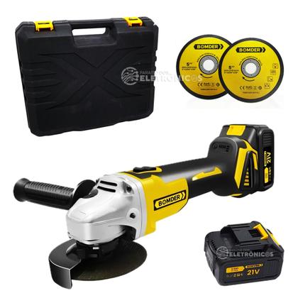 Imagem de Lixadeira e Esmerilhadeira 8000Rpm Angular Recarregável 2 Baterias 21v e Discos de Corte BOM9705