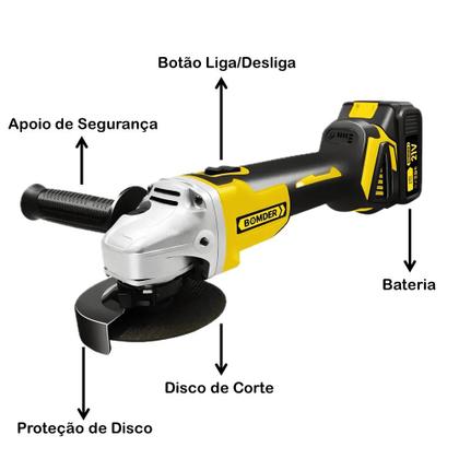 Imagem de Lixadeira e Esmerilhadeira 8000Rpm Angular Recarregável 2 Baterias 21v e Discos de Corte + Produtividade BOM9705