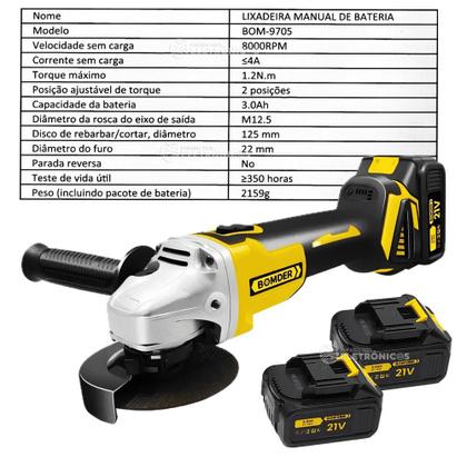 Imagem de Lixadeira e Esmerilhadeira 8000Rpm Angular Recarregável 2 Baterias 21v e Discos de Corte + Produtividade BOM9705