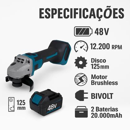 Imagem de Lixadeira Esmeriladeira Angular Portátil 48v 2 Baterias