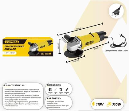Imagem de Lixadeira Esmerilhadeira Angular Potencia 710W Com chave de aperto Protetor e Manopla 220v