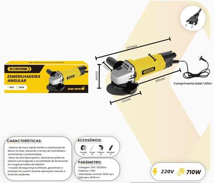 Imagem de Lixadeira Esmerilhadeira Angular Potencia 710W Com chave de aperto Protetor e Manopla 220v
