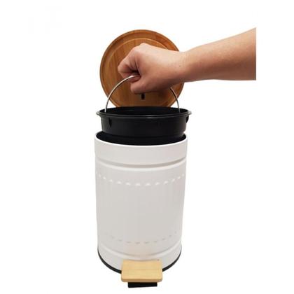 Imagem de Lixeira 12L Fluted Branca Com Pedal Inox e Bambu Jolitex MEK