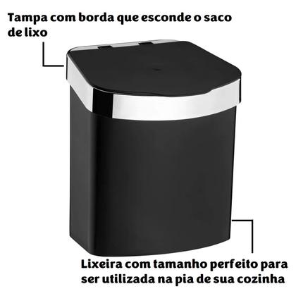 Imagem de Lixeira 2,5 Litros Cesto Lixo Plástico Para Bancada Pia Cozinha Preto Cromado - 521PTC Future