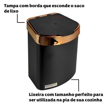 Imagem de Lixeira 2,5 Litros Cesto Lixo Plástico Para Bancada Pia Cozinha Preto Rose Gold - 521PTR Future