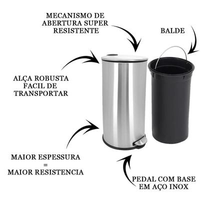 Imagem de Lixeira 30 Litros Aço Inox Com Pedal Cesto Removível Mimo