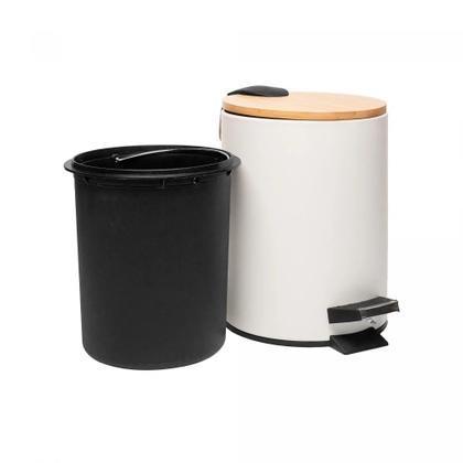 Imagem de Lixeira 3L Redonda de Metal com Pedal e Tampa em Bambu Branca Lyor