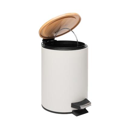Imagem de Lixeira 3L Redonda de Metal com Pedal e Tampa em Bambu Branca Lyor