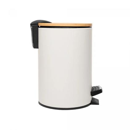 Imagem de Lixeira 3L Redonda de Metal com Pedal e Tampa em Bambu Branca Lyor