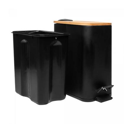 Imagem de Lixeira 5L Retangular de Metal com Pedal e Tampa em Bambu Preta Lyor