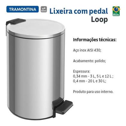 Imagem de Lixeira Aço Inox 12 Litros Tramontina Loop C/ Pedal